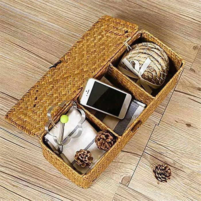 Handmade Woven Desktop Storage Basket Three Plaid Sundries Organize Jewelry Cosmetic Storage Box - 7