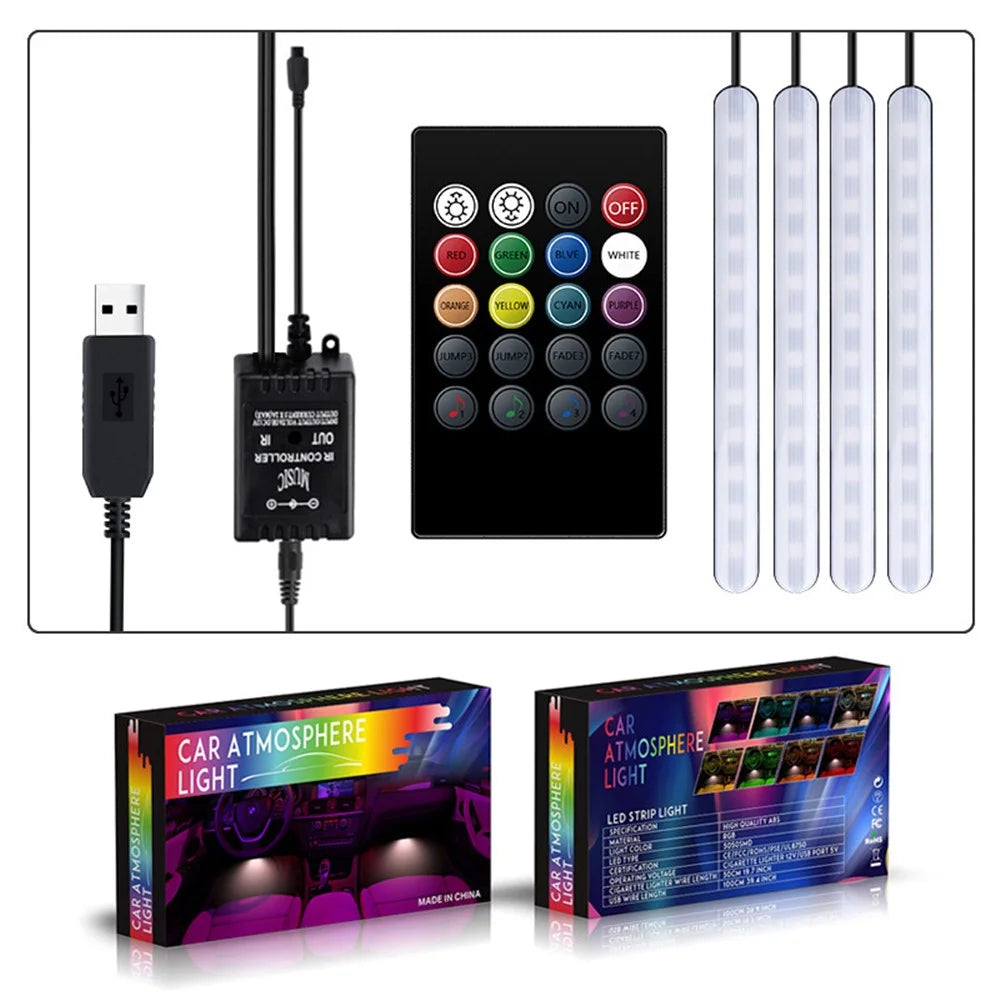 Car Interior Atmosphere RGB LED Strip Light Decorative Foot Lamp with Music and Remote Control - USB Port Charge - 2