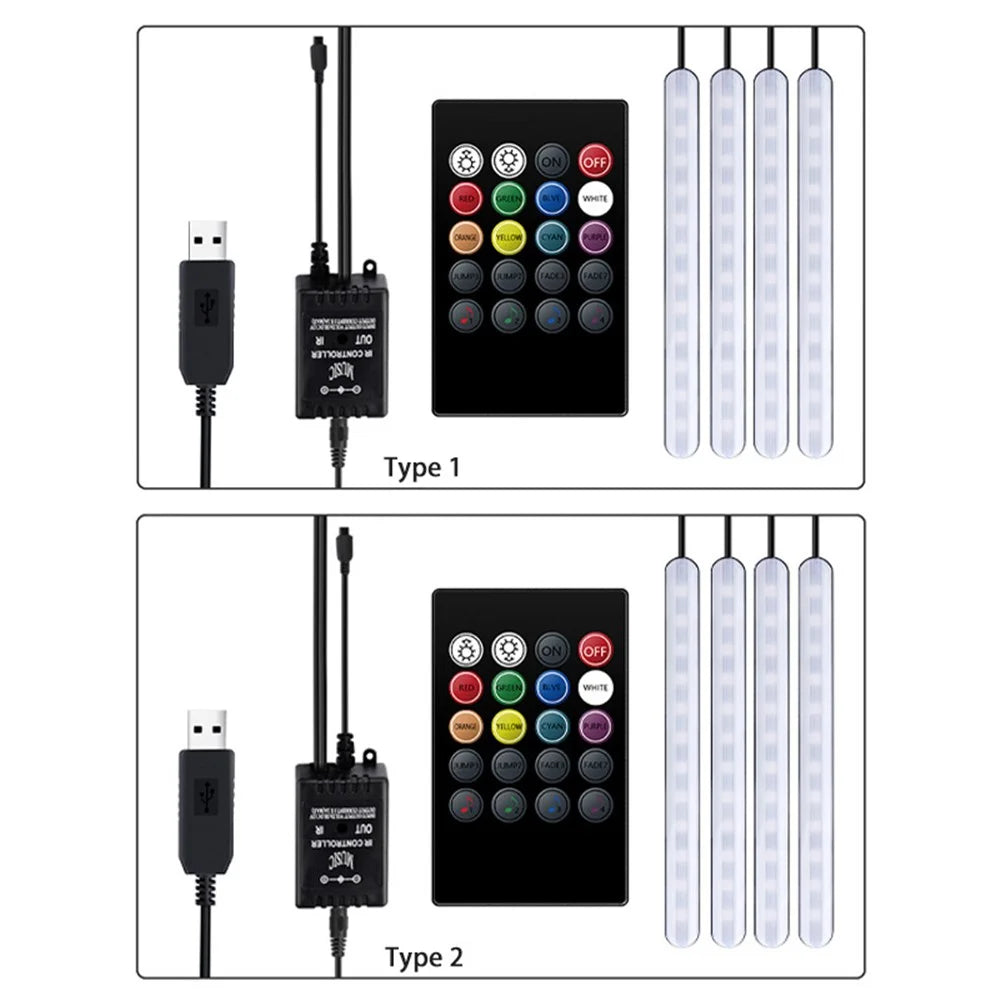 Car Interior Atmosphere RGB LED Strip Light Decorative Foot Lamp with Music and Remote Control - USB Port Charge - 3