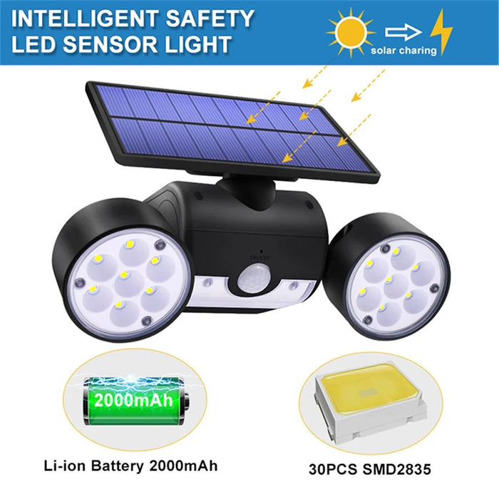30-LED Solar Light Dual Head Solar Lamp PIR Motion Sensor Spotlight Waterproof Wall Outdoor Lights - White - 2