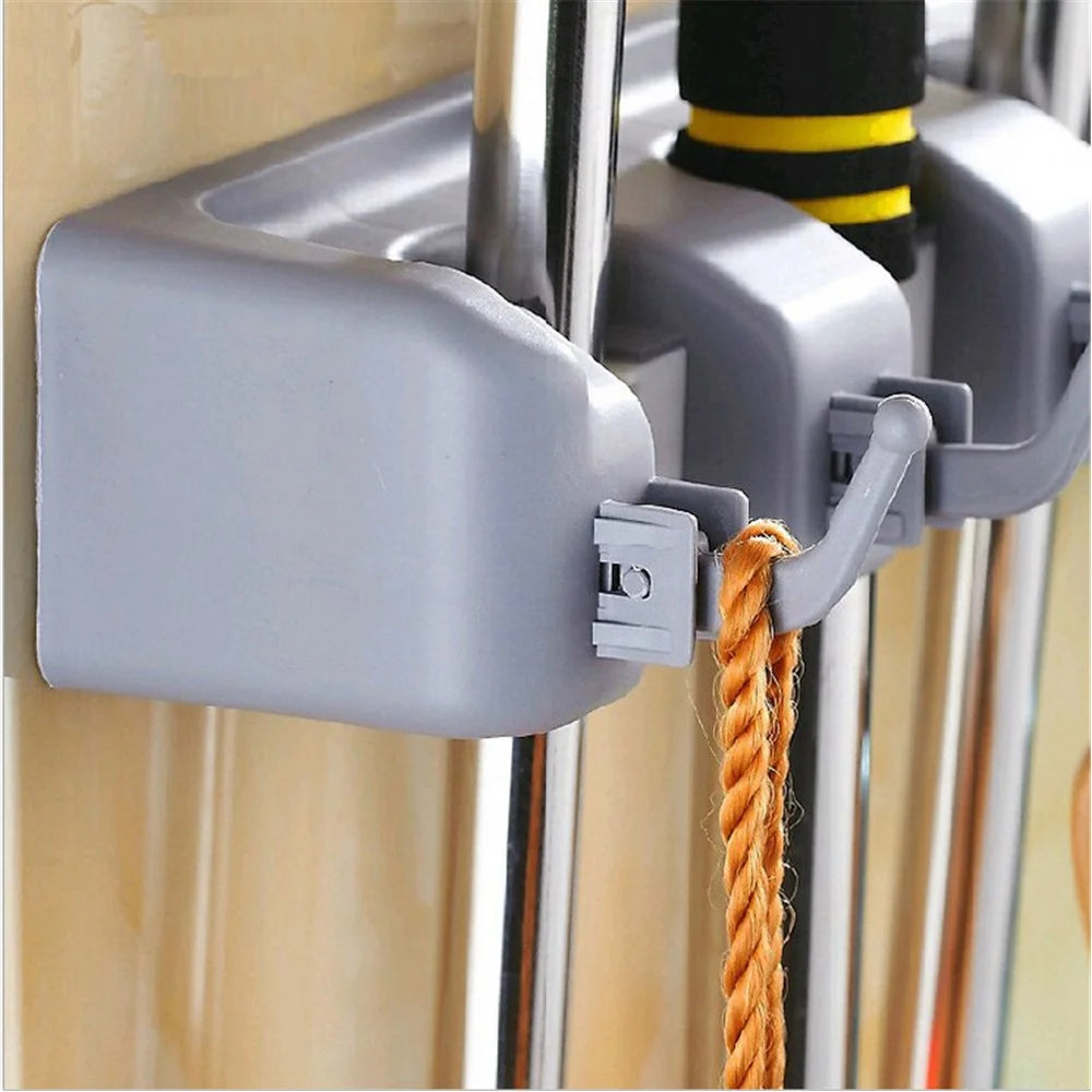 Wall Mounted Mop Broom Holder Storage with 4 Positions and 5 Hooks - 1