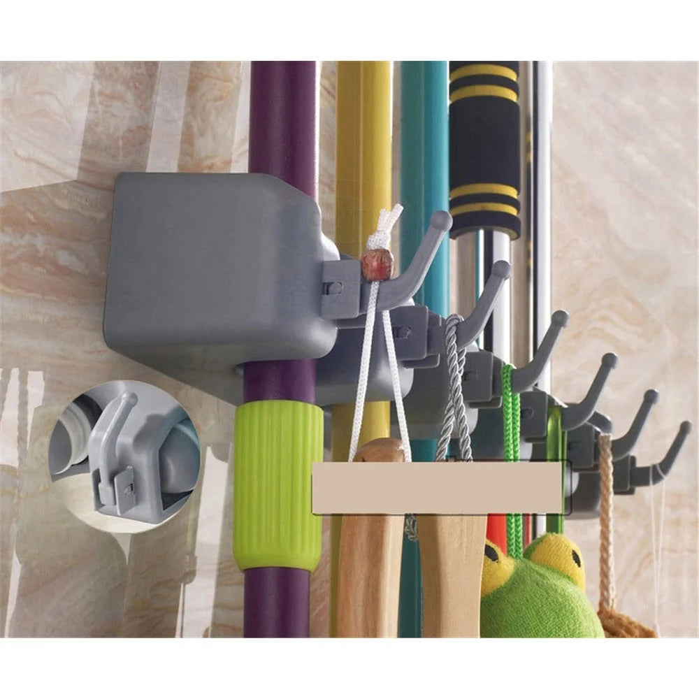 Wall Mounted Mop Broom Holder Storage with 4 Positions and 5 Hooks - 6