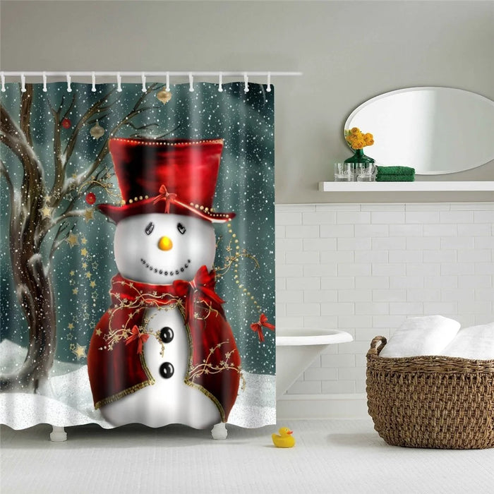 Christmas Waterproof Polyester Bathroom Shower Curtain Decor with Hook, Size: 150cm x 180cm - Snowman in Red Hat - 1