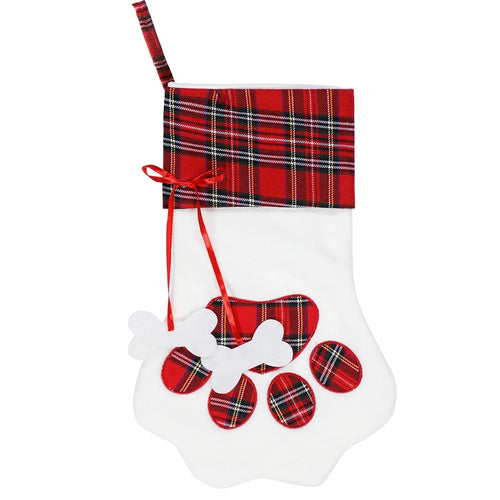 Christmas Stockings Dogs Cat Paw Plaid Xmas Socks New Year Gift Bag - Red Ribbon / Pork Bone - 1
