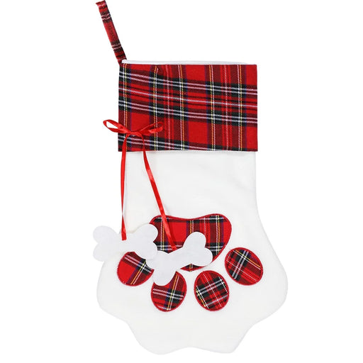 Christmas Stockings Dogs Cat Paw Plaid Xmas Socks New Year Gift Bag - Red Ribbon / Pork Bone - 1