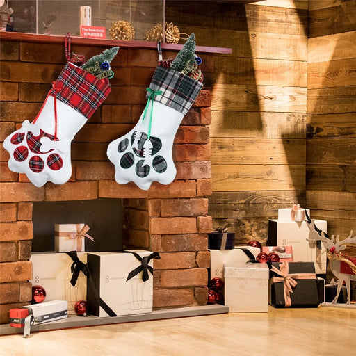 Christmas Stockings Dogs Cat Paw Plaid Xmas Socks New Year Gift Bag - Red Ribbon / Pork Bone - 2