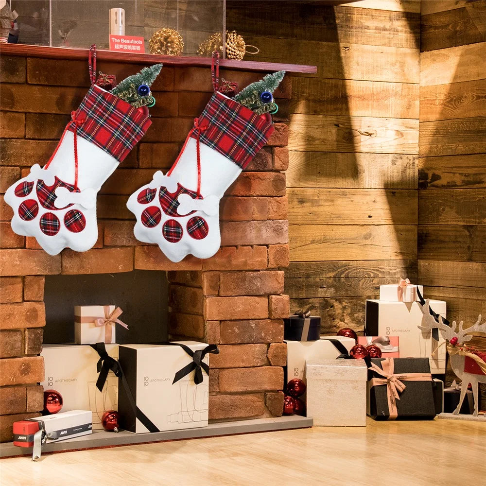 Christmas Stockings Dogs Cat Paw Plaid Xmas Socks New Year Gift Bag - Red Ribbon / Pork Bone - 3