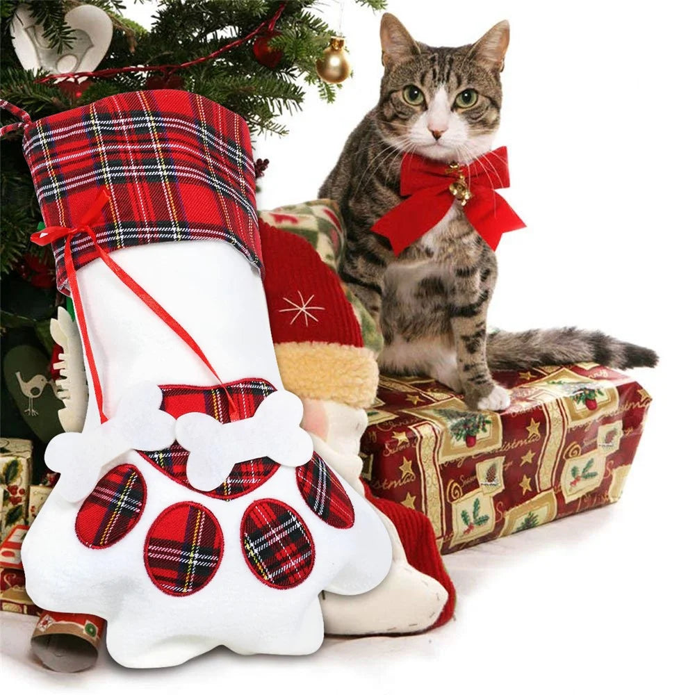 Christmas Stockings Dogs Cat Paw Plaid Xmas Socks New Year Gift Bag - Red Ribbon / Pork Bone - 6