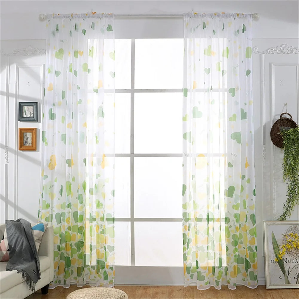 Heart Pattern Sheer Curtain Rod Pocket Voile Curtain - Green / Size: 100 x 270cm - 1