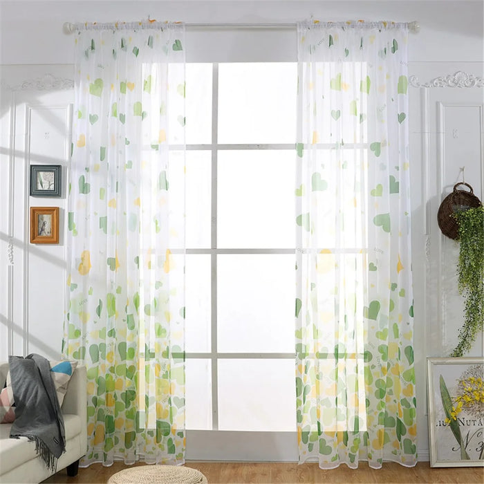 Heart Pattern Sheer Curtain Rod Pocket Voile Curtain - Green / Size: 100 x 270cm - 1