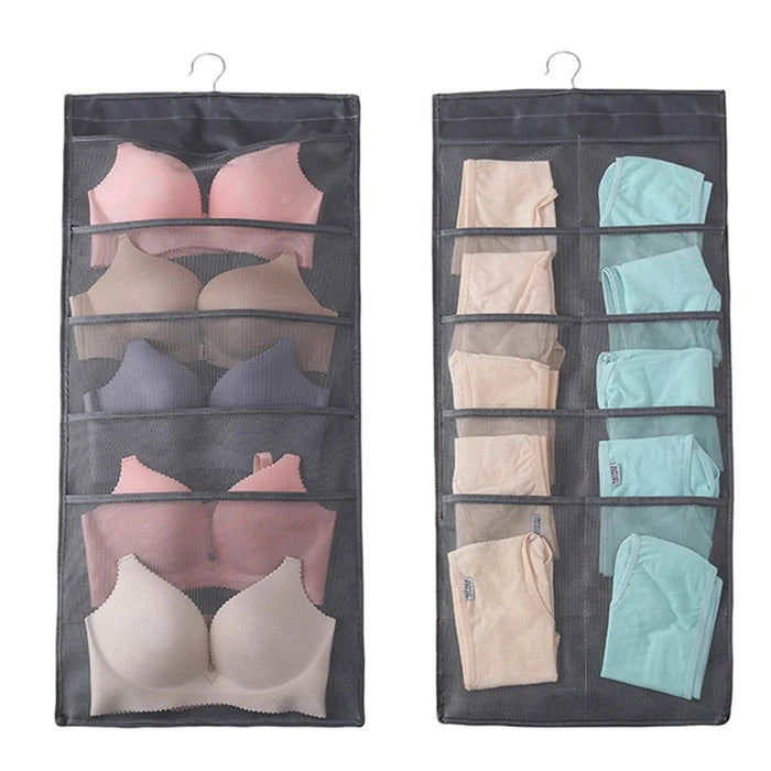 Dual-sided Hanging Closet Organizer for Underwear Sock Toiletries Bra 15 Mesh Pockets - Grey - 1