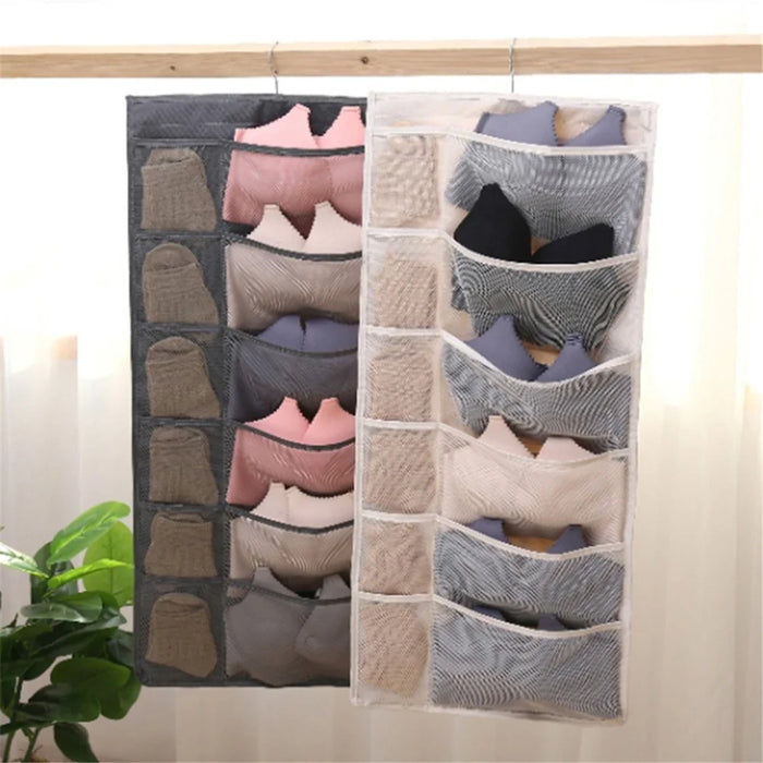 Dual-sided Hanging Closet Organizer for Underwear Sock Toiletries Bra 15 Mesh Pockets - Grey - 2