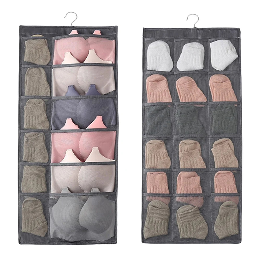 Dual-sided Hanging Closet Organizer for Underwear Sock Toiletries Bra 30 Mesh Pockets - Grey - 1