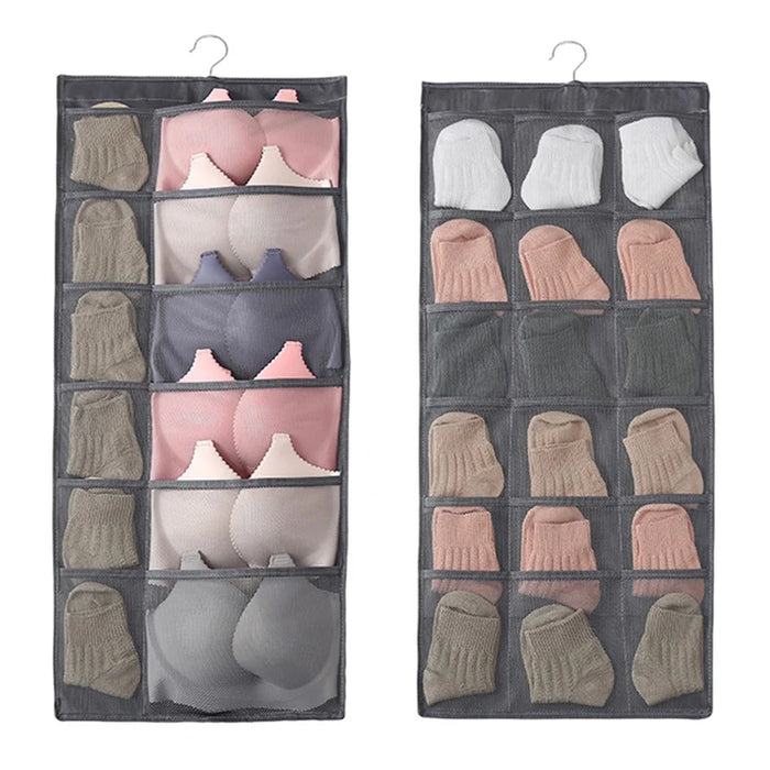 Dual-sided Hanging Closet Organizer for Underwear Sock Toiletries Bra 30 Mesh Pockets - Grey - 1