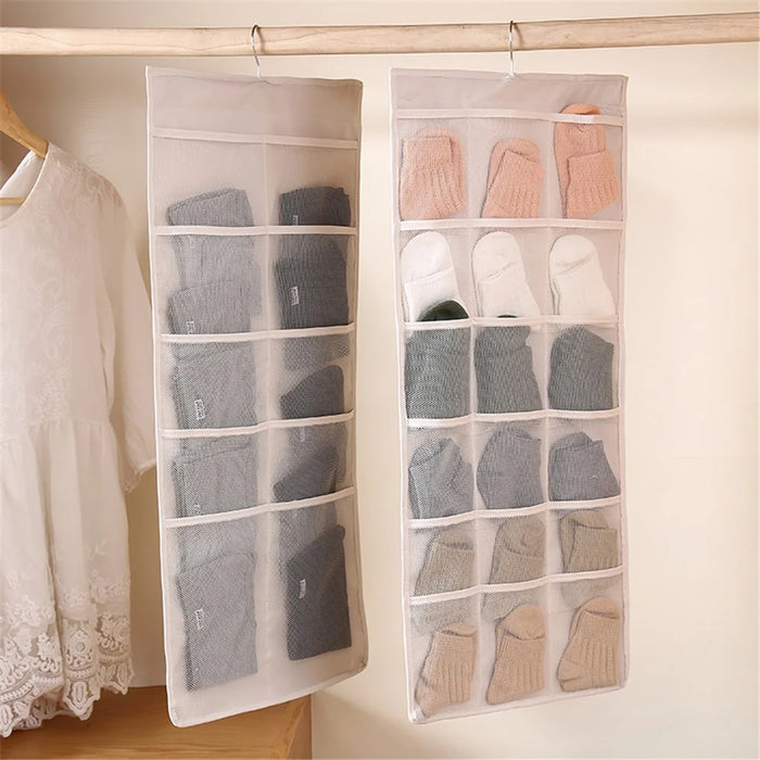 Dual-sided Hanging Closet Organizer for Underwear Sock Toiletries Bra 30 Mesh Pockets - Grey - 5