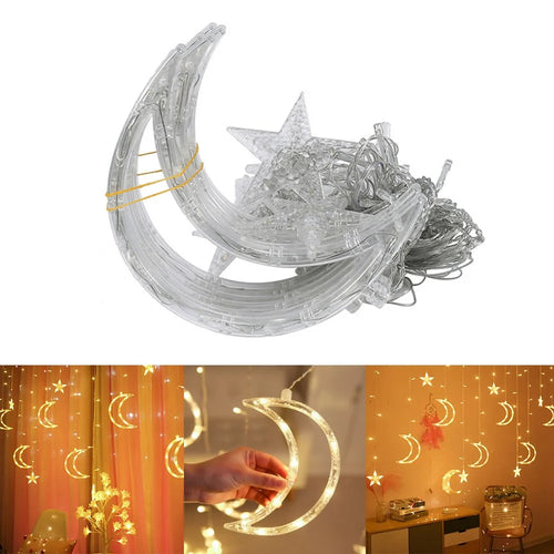 220V 3.5m LED Moon Star Fairy Curtain String Lights Warm White for Shop Window Xmas EU Plug - 1