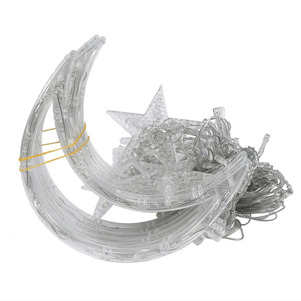 220V 3.5m LED Moon Star Fairy Curtain String Lights Warm White for Shop Window Xmas EU Plug - 2
