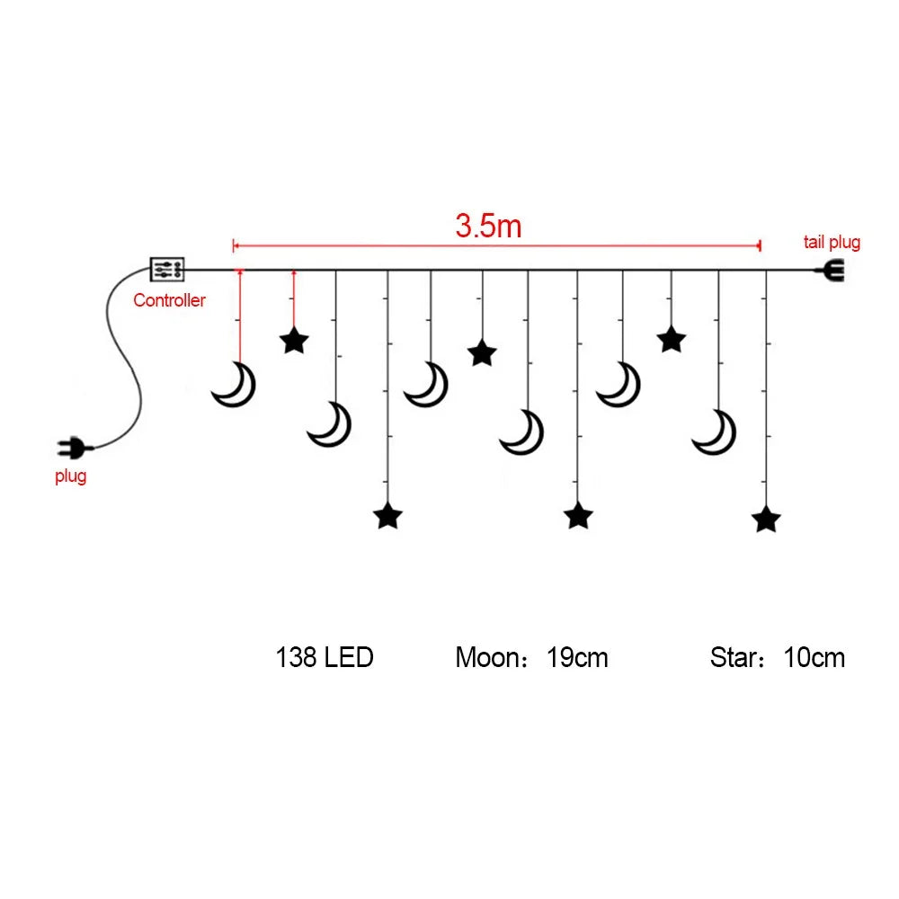 220V 3.5m LED Moon Star Fairy Curtain String Lights Warm White for Shop Window Xmas EU Plug - 5
