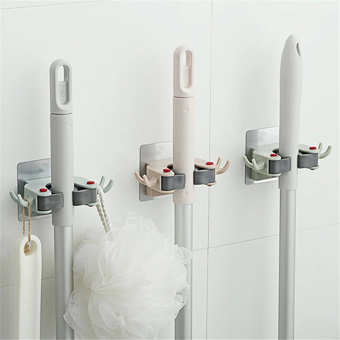 Nail-free Multi-function Mop Holder Seamless Storage Rack Brush Wall Bathroom Hanger - Beige - 2