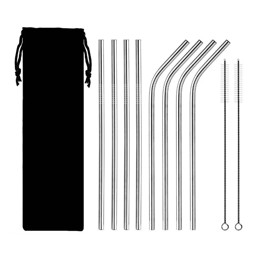 8Pcs Stainless Steel Metal Reusable Straws 8.5'' Bent and Straight Drinking Straw with 2pcs Cleaning Brushes - Silver - 1