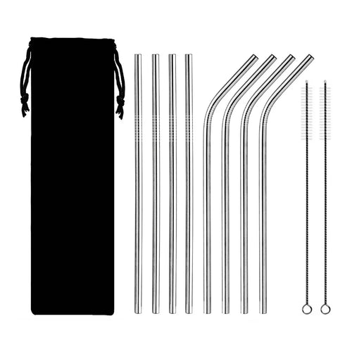 8Pcs Stainless Steel Metal Reusable Straws 8.5'' Bent and Straight Drinking Straw with 2pcs Cleaning Brushes - Silver - 1