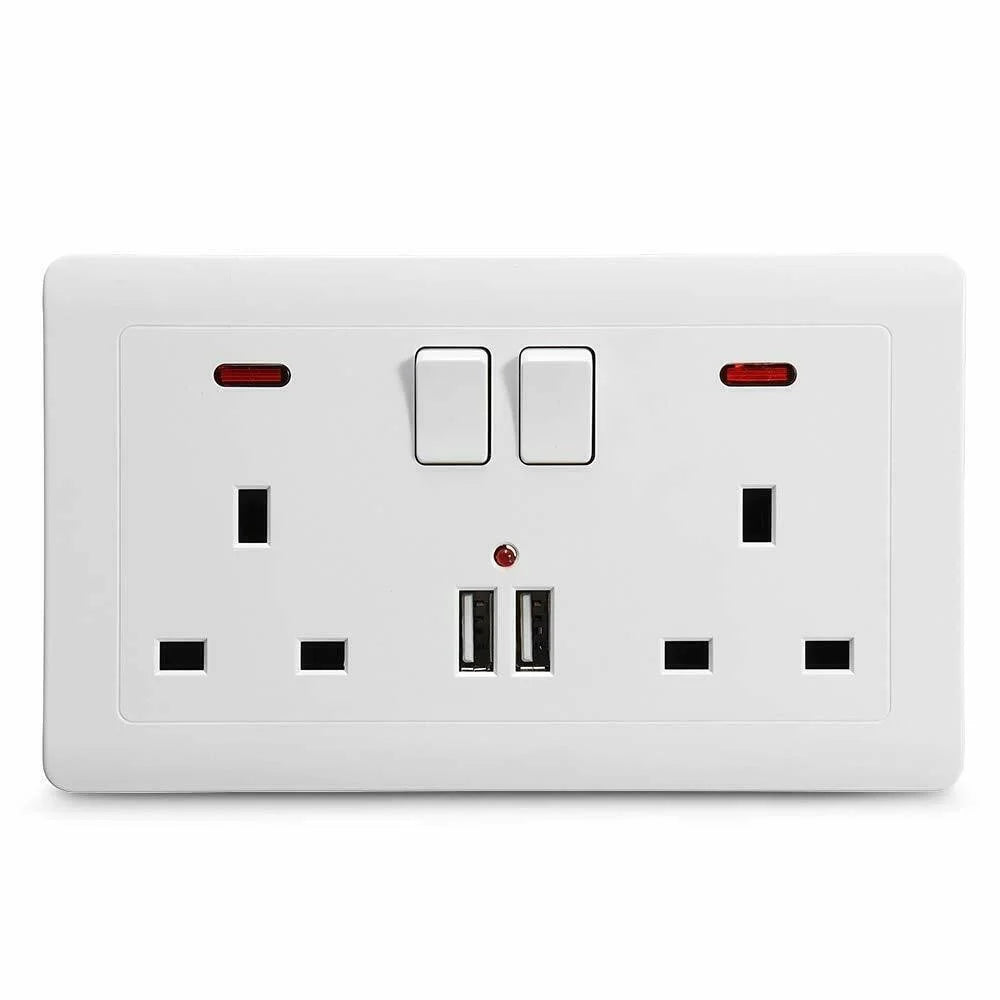 Double Wall Plug Socket 2 Gang 13A 2 USB Charger Port Outlets White Plate UK Plug - 1