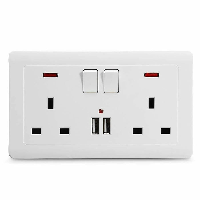 Double Wall Plug Socket 2 Gang 13A 2 USB Charger Port Outlets White Plate UK Plug - 1