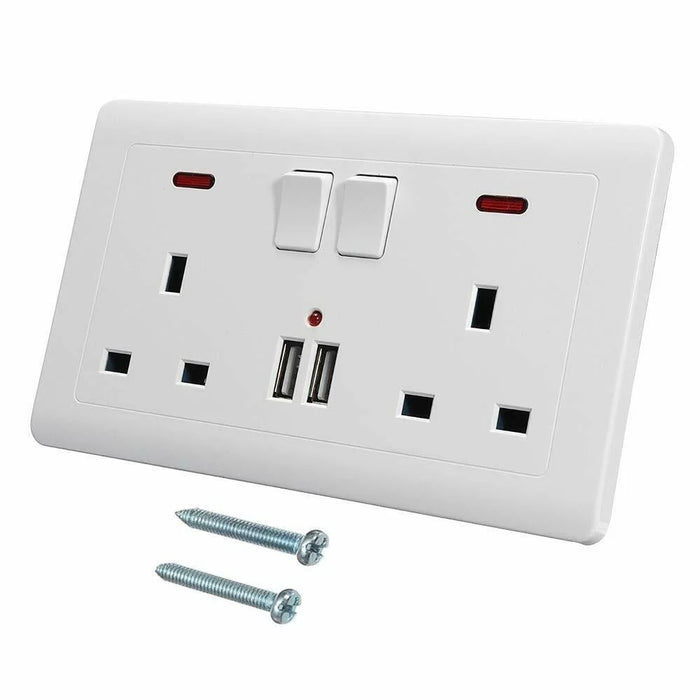 Double Wall Plug Socket 2 Gang 13A 2 USB Charger Port Outlets White Plate UK Plug - 2