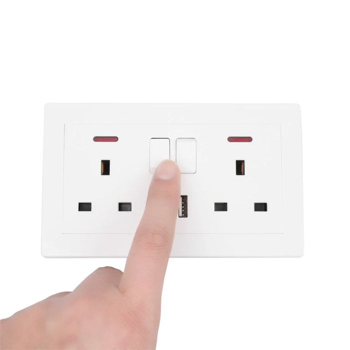 Double Wall Plug Socket 2 Gang 13A 2 USB Charger Port Outlets White Plate UK Plug - 3