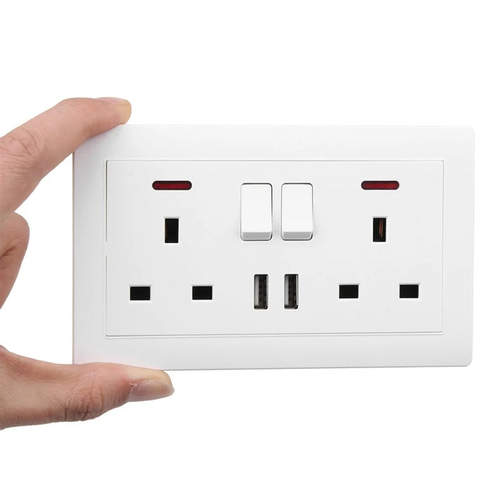 Double Wall Plug Socket 2 Gang 13A 2 USB Charger Port Outlets White Plate UK Plug - 4