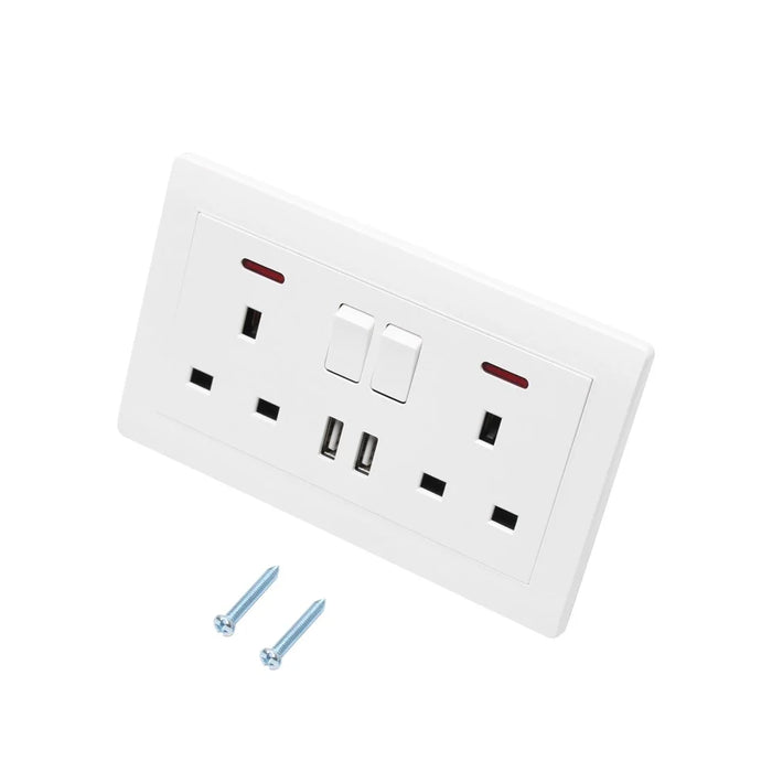 Double Wall Plug Socket 2 Gang 13A 2 USB Charger Port Outlets White Plate UK Plug - 5