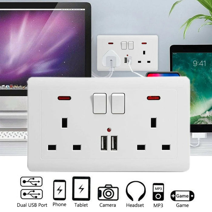 Double Wall Plug Socket 2 Gang 13A 2 USB Charger Port Outlets White Plate UK Plug - 6
