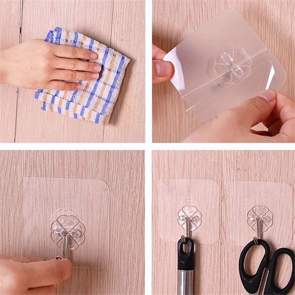 10Pcs Wall Self-adhesive Hooks Transparent Waterproof and Oilproof Hanging Utility Hooks for Bathroom Kitchen Heavy Duty - 2