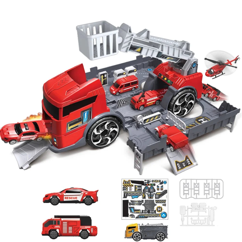 Kids Puzzle Toy Deformation Fire Engineering Vehicle Storage Parking Lot Car Model Set - Red - 1