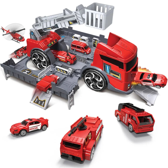 Kids Puzzle Toy Deformation Fire Engineering Vehicle Storage Parking Lot Car Model Set - Red - 2