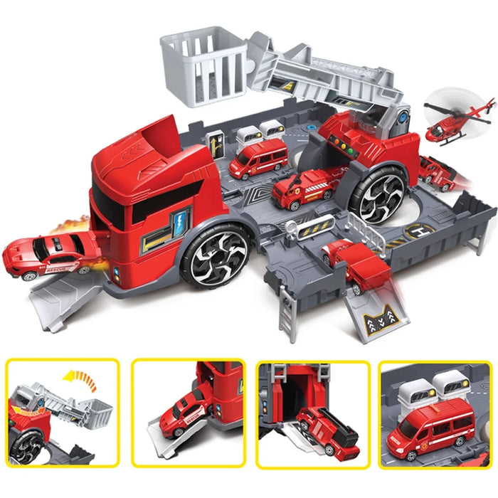 Kids Puzzle Toy Deformation Fire Engineering Vehicle Storage Parking Lot Car Model Set - Red - 3