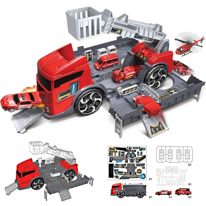 Kids Puzzle Toy Deformation Fire Engineering Vehicle Storage Parking Lot Car Model Set - Red - 4