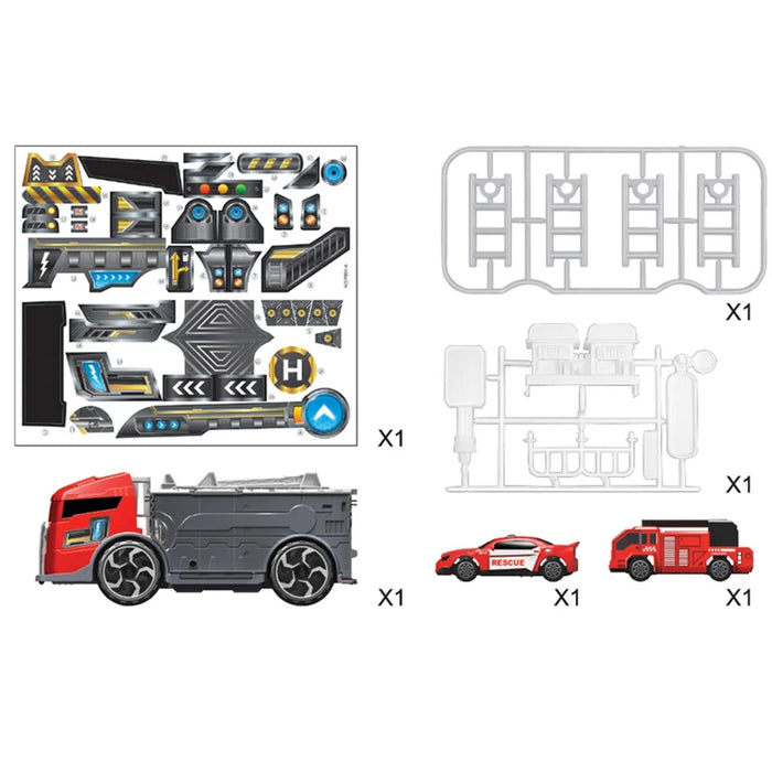 Kids Puzzle Toy Deformation Fire Engineering Vehicle Storage Parking Lot Car Model Set - Red - 5