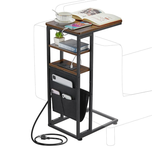 DULCII 595-C Side Table Narrow End Table with Magazine Holder and US Plug Power Outlets, 40x30x71cm - Rustic Brown - 1
