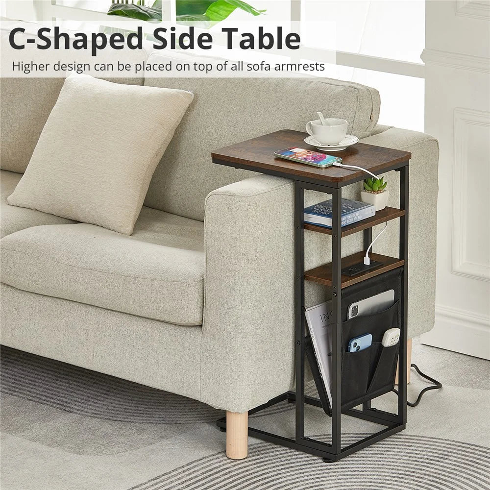 DULCII 595-C Side Table Narrow End Table with Magazine Holder and US Plug Power Outlets, 40x30x71cm - Rustic Brown - 2