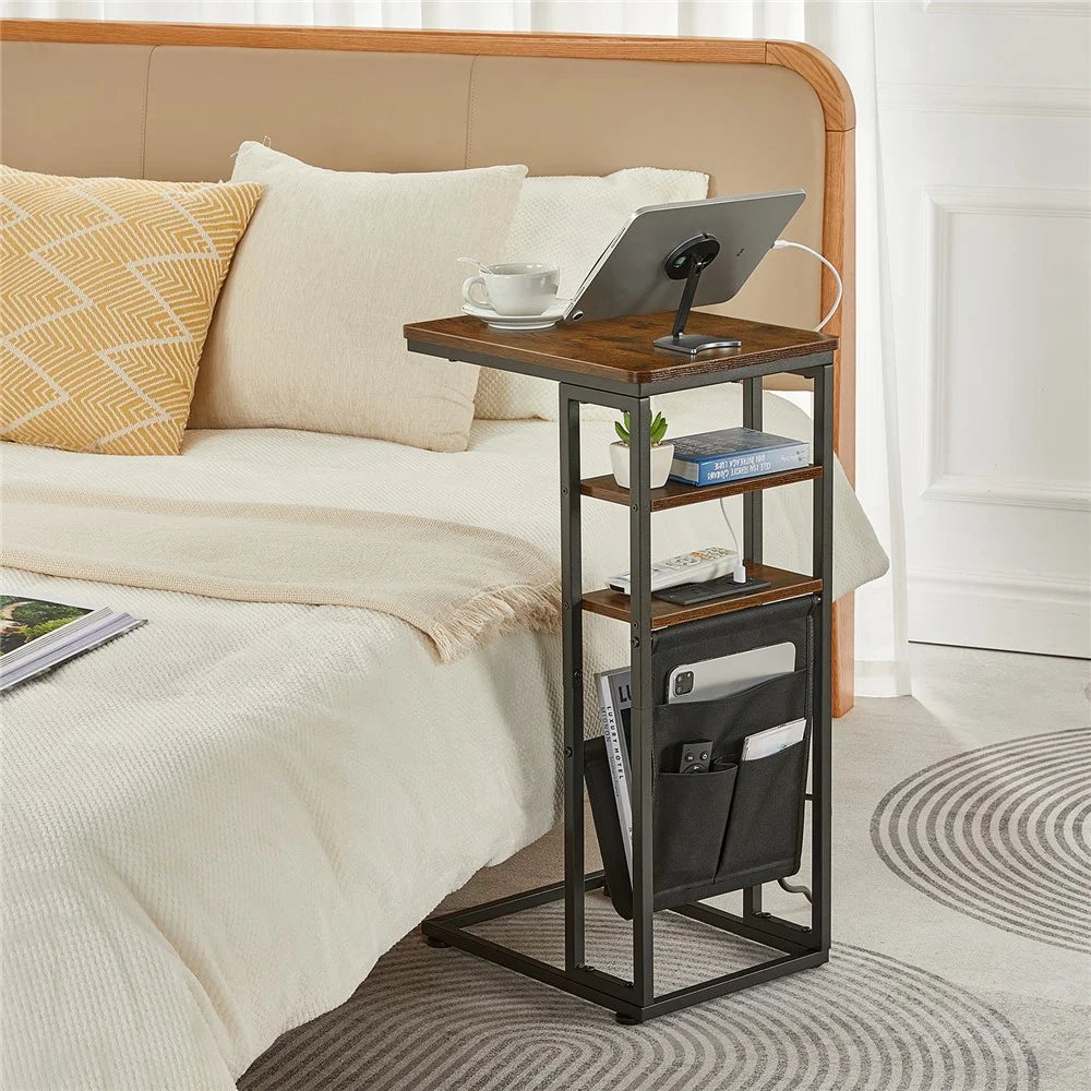 DULCII 595-C Side Table Narrow End Table with Magazine Holder and US Plug Power Outlets, 40x30x71cm - Rustic Brown - 4