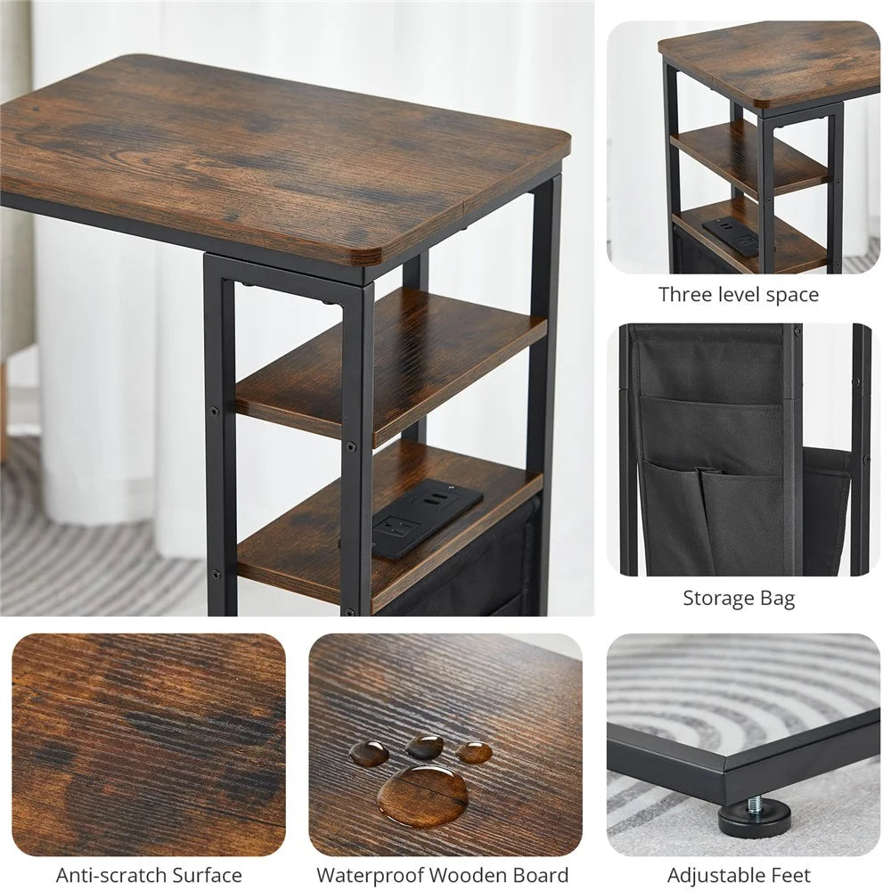 DULCII 595-C Side Table Narrow End Table with Magazine Holder and US Plug Power Outlets, 40x30x71cm - Rustic Brown - 5