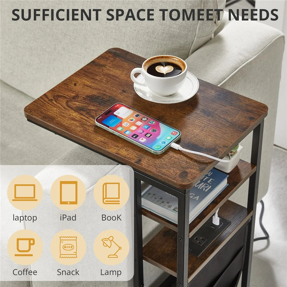 DULCII 595-C Side Table Narrow End Table with Magazine Holder and US Plug Power Outlets, 40x30x71cm - Rustic Brown - 6
