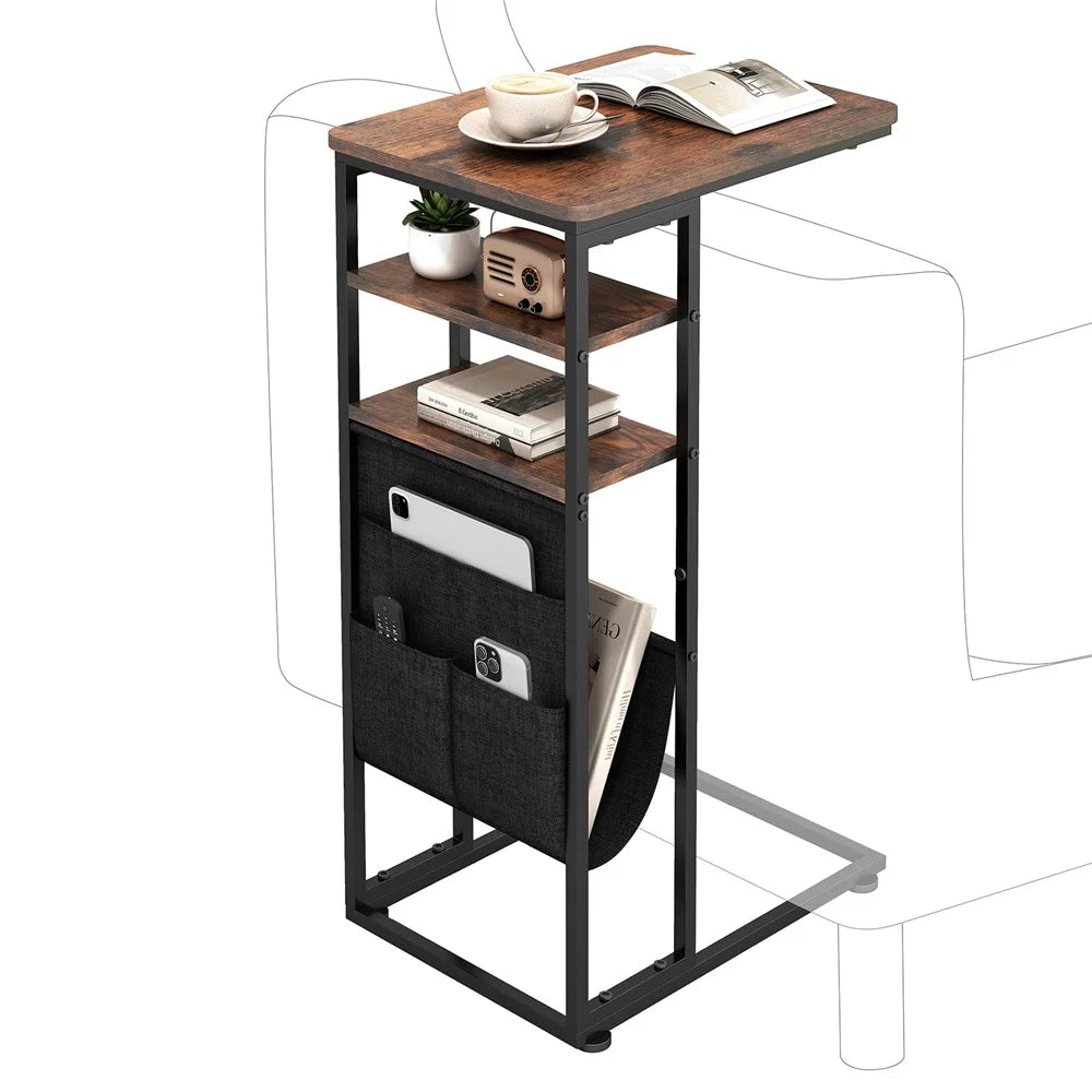 DULCII 595-C2 Narrow Side Table with Magazine Holder, 40x30x71cm - Rustic Brown - 1
