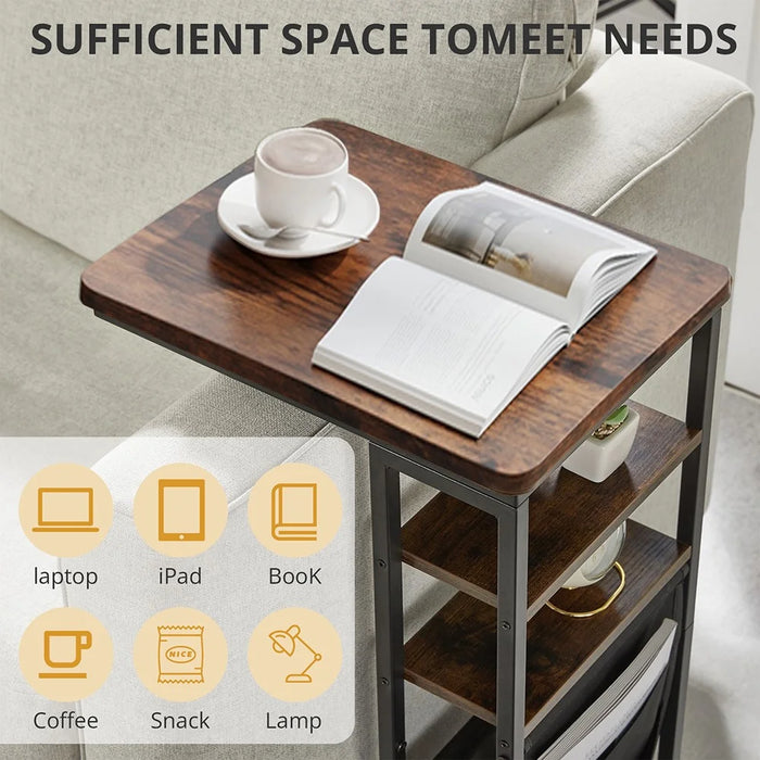 DULCII 595-C2 Narrow Side Table with Magazine Holder, 40x30x71cm - Rustic Brown - 3