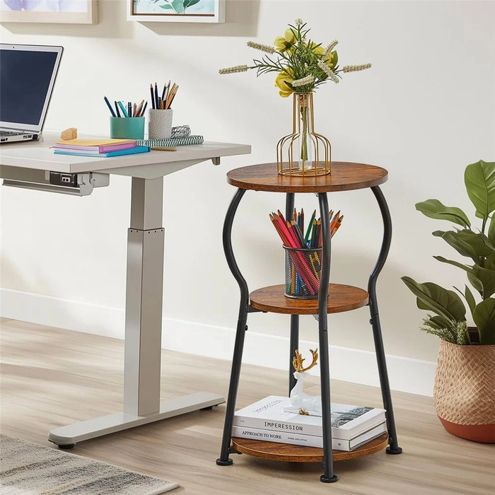 DULCII 888-8HP-3-Tier Small Round Side Table Waist End Table, 30x30x55cm - Rustic Brown - 3