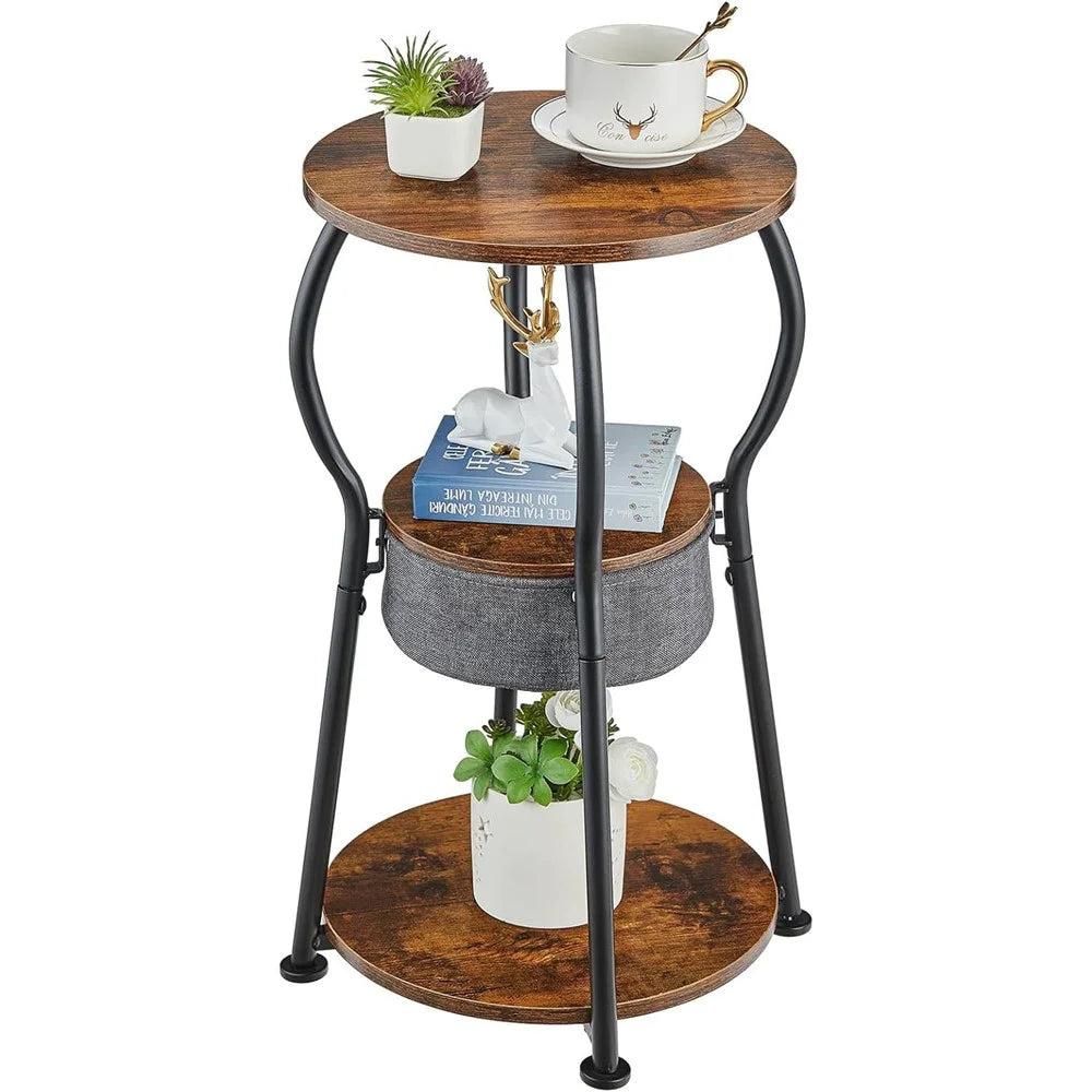 DULCII 596-BS9-3-Tier Round End Table with Cloth Storage Basket, 30x30x55cm - Rustic Brown - 1