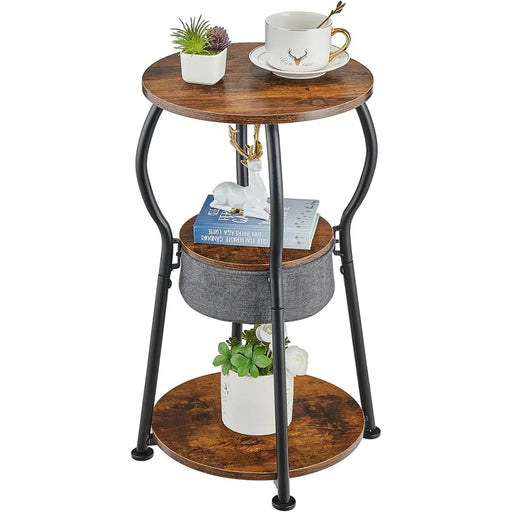DULCII 596-BS9-3-Tier Round End Table with Cloth Storage Basket, 30x30x55cm - Rustic Brown - 1