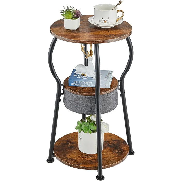 DULCII 596-BS9-3-Tier Round End Table with Cloth Storage Basket, 30x30x55cm - Rustic Brown - 1