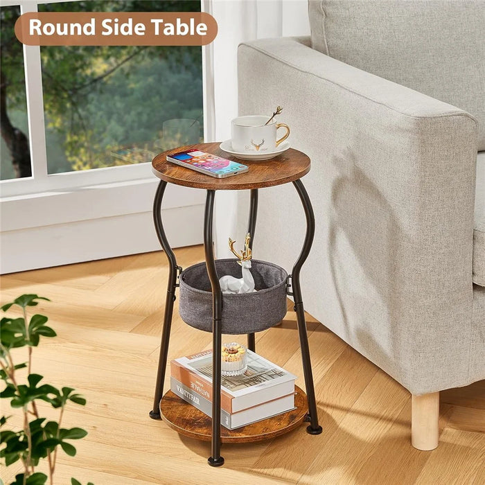 DULCII 596-BS9-3-Tier Round End Table with Cloth Storage Basket, 30x30x55cm - Rustic Brown - 2